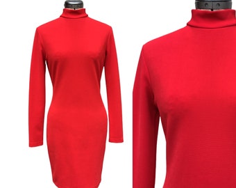 Petite Small 80s Red Long Sleeve Knit Bodycon Mockneck Midi Dress Stretchy by St