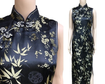 Medium 80s Black and Gold Embroidered Satin Cheongsam Dress High Side Slits