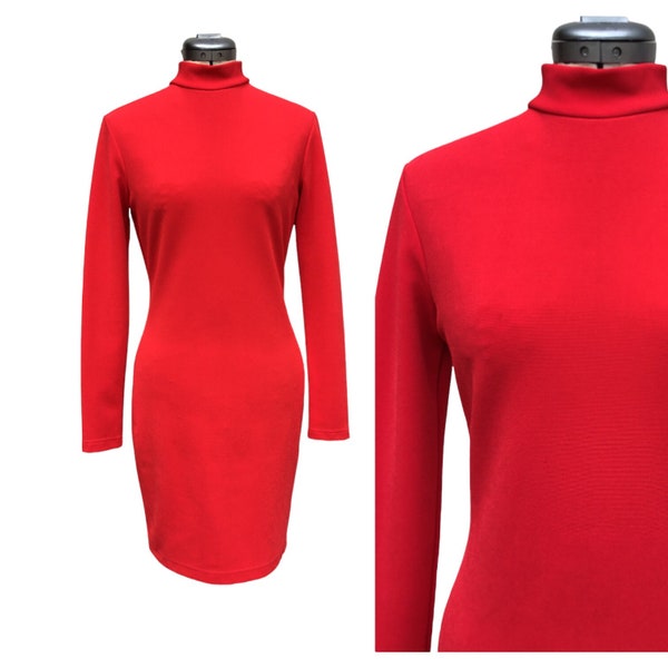 Petite Small 80s Red Long Sleeve Knit Bodycon Mockneck Midi Dress Stretchy by St
