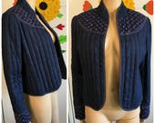 80s Quilted Denim Jacket L vintage womens blue cotton short jacket floral shoulders size large EBER San Francisco 1980s