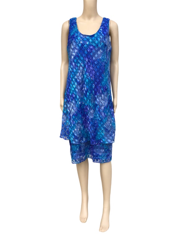 XL 80s Two Tier Blue and Purple Floral Tank Dress… - image 2