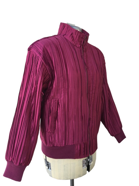 Vintage Hot Pink Satin Pleated Bomber Jacket Size… - image 5