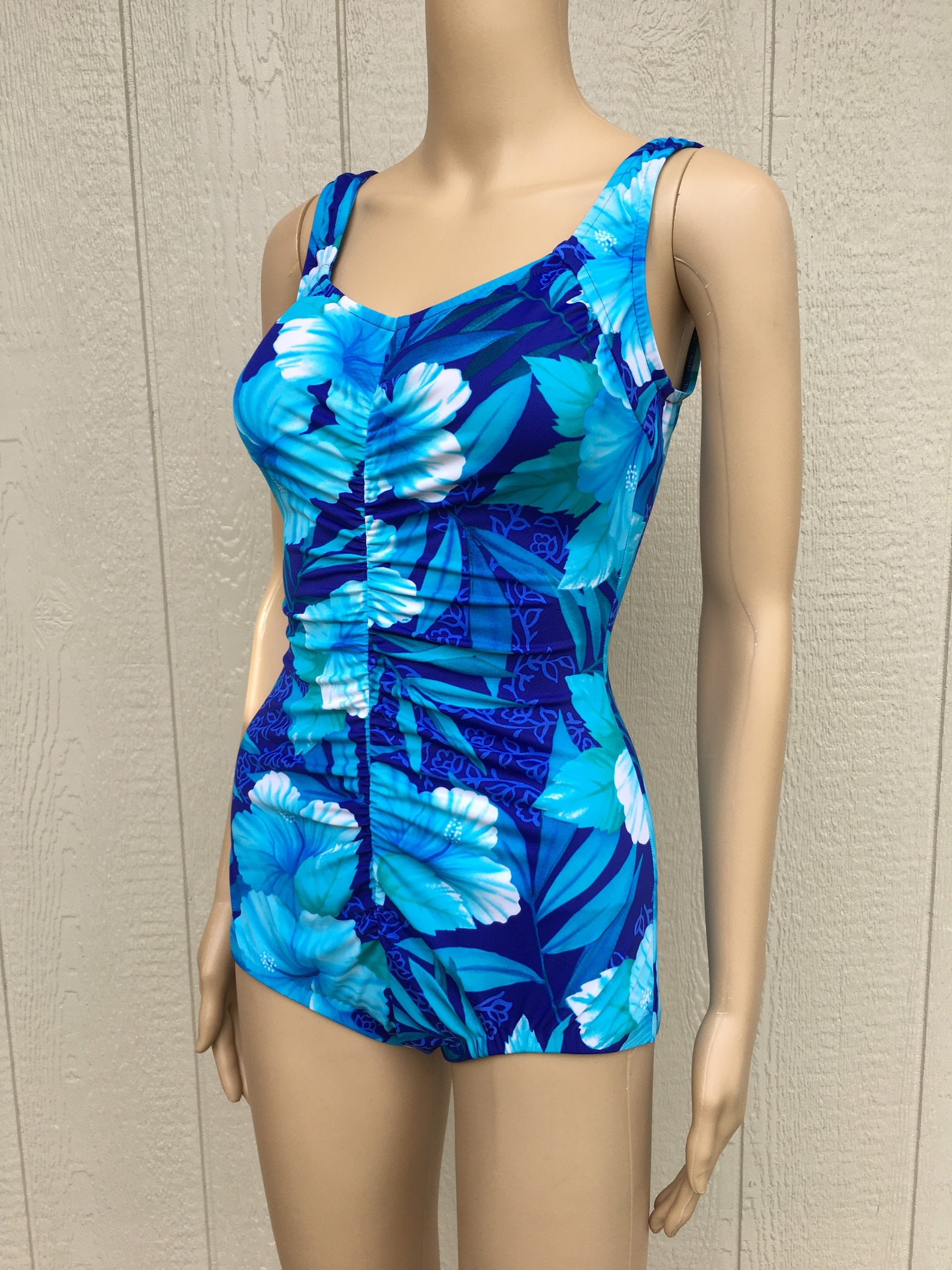 60s 70s MAXINE OF HOLLYWOOD One Piece Blue Floral Swimsuit | Etsy