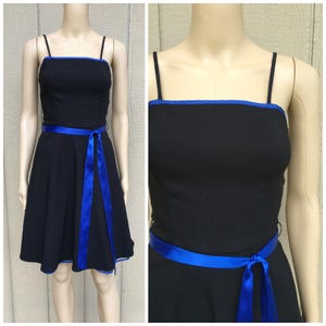 Small 80s 90s Black Fit & Flare Crinoline Party Prom Dress Blue Satin Piping and Sash by PULSE