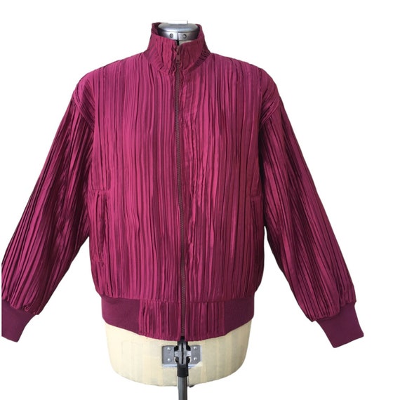 Vintage Hot Pink Satin Pleated Bomber Jacket Size… - image 1