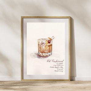 Ouderwetse drankje Art Print | Cocktailkunst | Aquarel drank kunst | Ouderwets cadeau | Bardecoratie | Muurdecoratie
