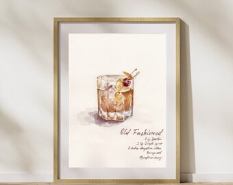 Old Fashioned Drink Art Print | Cocktail Art | Watercolor Beverage Art | Old Fashioned Gift | Bar Decor | Wall Decor
