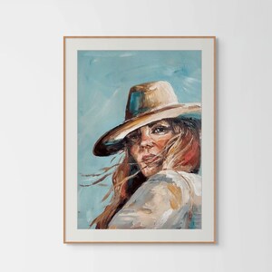 May include: A painting of a woman with long, flowing hair wearing a wide-brimmed hat. The woman is looking over her shoulder and her face is partially obscured by the hat. The background is a light blue.