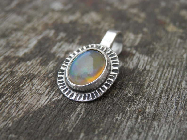 Sterling Silver Pendant Ethiopian Opale White green and Orange beaten silver
