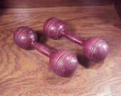 Vintage Pair Wooden Burgundy Lightweight Dumbbells, Exercise Hand Weight, Equipment, Old, Wood, about 10 Ounces Each