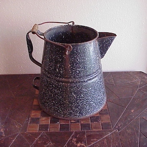 Vintage Rusty Rustic Dark Blue Weathered Large Enamelware Camp Coffee Pot, for Planter Use, Home, Cabin, Countryside Decor, Wood Handle, Old