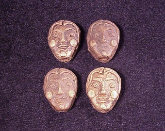 Lot of 4 Brown Plastic Male Head Shaped Primitive Looking Beads, Craft Supply