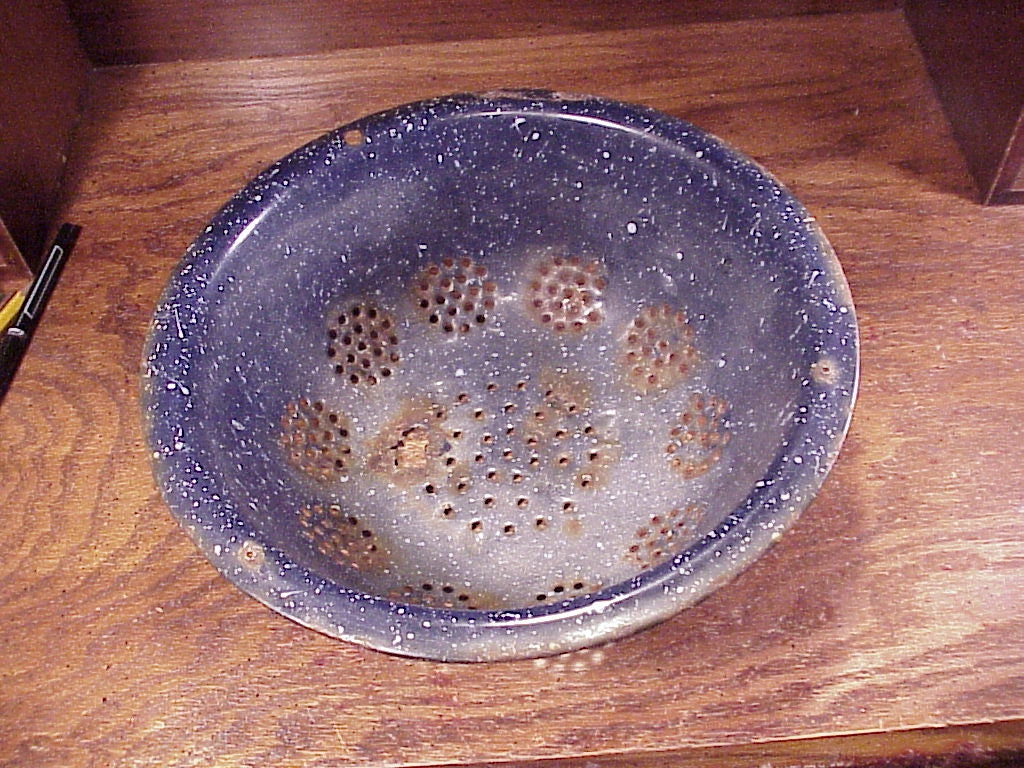 Rusty Colander Vintage Rustic Rusty Worn Blue Enamelware Metal Colander Strainer, With ...
