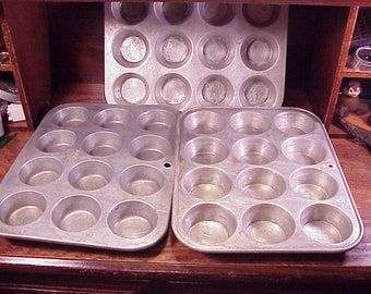 Lot of 3 Vintage Worn Aluminum Muffin Baking Pans, 1 Mirro, 12 Cup, Shelf Display, Kitchen, Cabin, Home Decor, Old