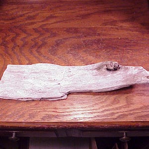 May include: A piece of weathered, light gray driftwood with a rough, textured surface and a prominent knot near the right end. The wood has an elongated, irregular shape with visible grain patterns and natural cracks along its length.