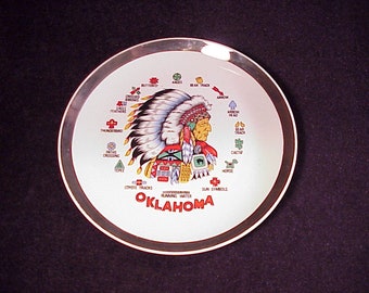 Vintage 1970's Oklahoma Indian Chief and Symbols Souvenir Colorful Ceramic Plate, with Silver Trim, 7 1/2 Inches Diameter, Japan, Old, OK