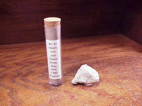 Plastic Tube of Mt St Helens Volcanic Ash from the May 18th, 1980 Eruption, and Pumice Stone, Kid Friendly, Specimen, Science Fair, 1980's
