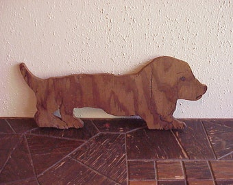 Vintage Wooden Handmade Standing Dachshund Plywood Dog Shape, 10 3/8 Inches Long, Accent Piece, Shelf Display, School Project, Old, Wood