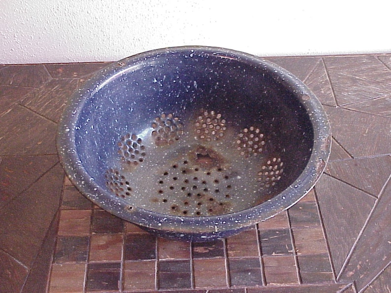 Rusty Colander Vintage Rustic Rusty Worn Blue Enamelware Metal Colander Strainer, With ...