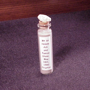 Glass Bottle of Mt St Helens Volcanic Ash with Pumice Stone from the May 18th, 1980 Eruption, Washington Souvenir, Sample, Science Fair