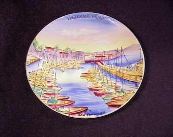 Vintage 1960's or 1970's Fisherman's Wharf San Francisco Scene Hand Painted Souvenir Colorful Ceramic Made in Japan, Old, California, CA