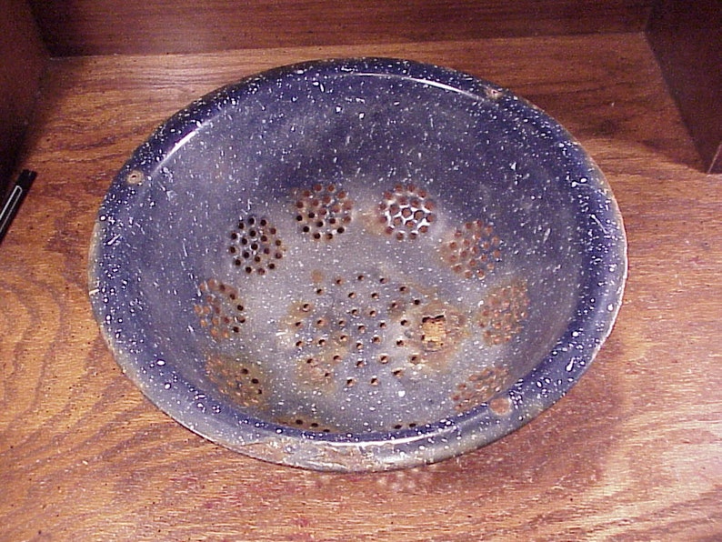 Rusty Colander Vintage Rustic Rusty Worn Blue Enamelware Metal Colander Strainer, With ...