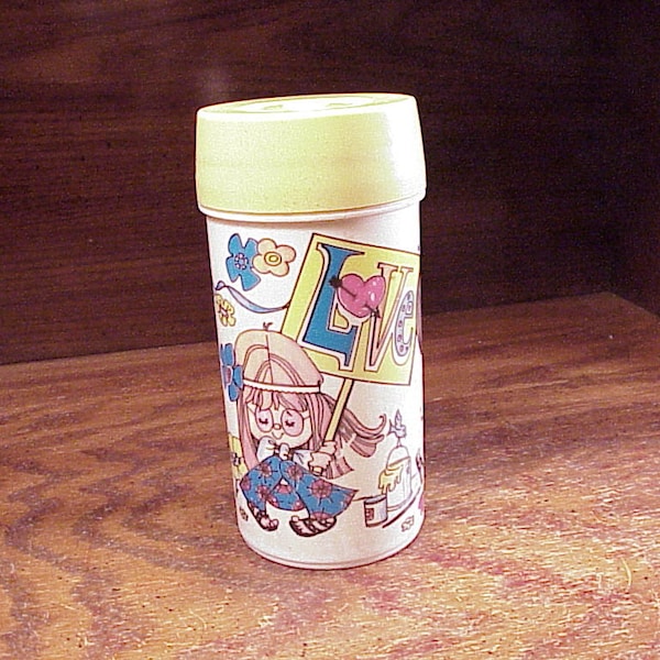 Vintage 1970’s Aladdin Hippie Girls Thermos, with Love Sign, Hippy, Old