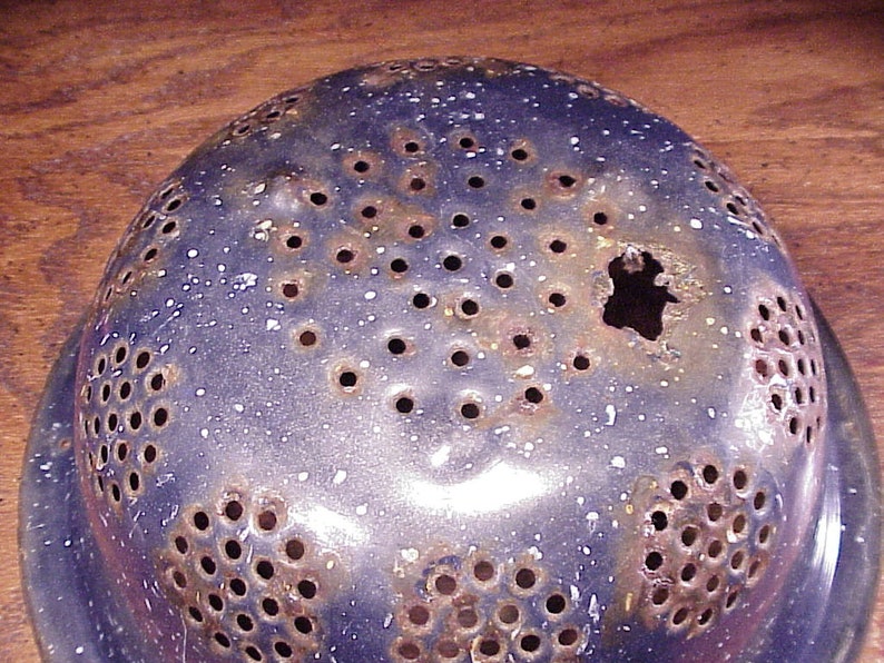 Rusty Colander Vintage Rustic Rusty Worn Blue Enamelware Metal Colander Strainer, With ...