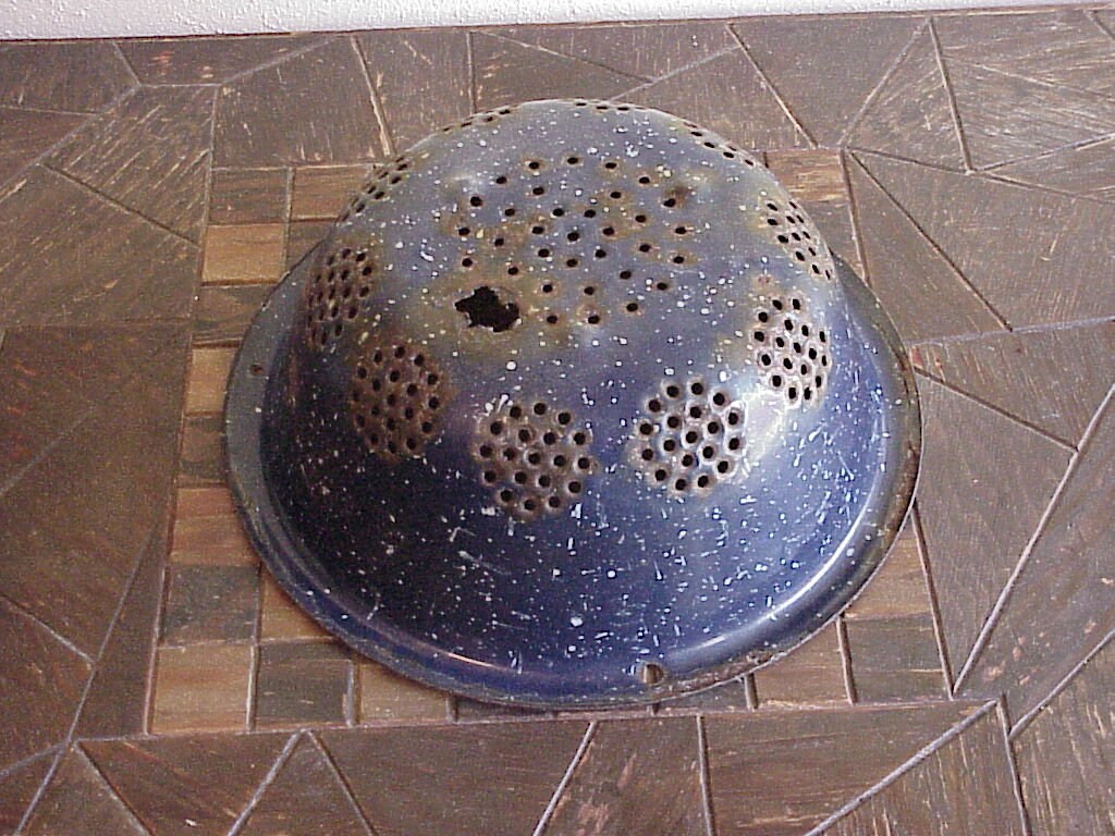 Rusty Colander Vintage Rustic Rusty Worn Blue Enamelware Metal Colander Strainer, With ...