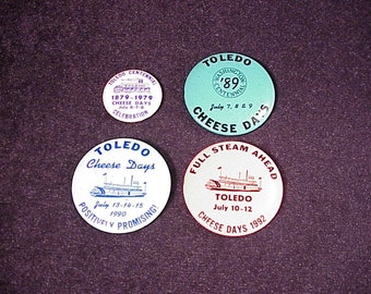 Lot of 4 Toledo Washington Cheese Days Pinback Buttons, Pins, 1979, 1989, 1990, 1992, Souvenir, WA