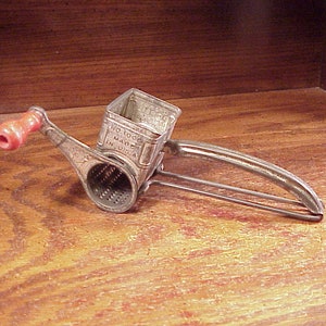 Vintage Rustic Tarnished Popeil Giant Auto Grate Grater, with Red Wooden Handle, Kitchen Tool, Home Decor, Shelf Display, Old, Wood