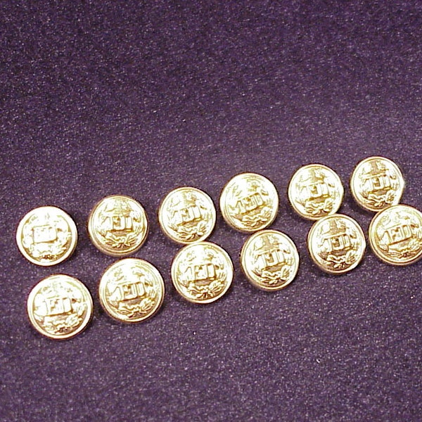 Lot of 12 Fire Department FD Gold Tone Uniform Buttons, Loop Shank Type, Collectible, Cufflinks Material, Vintage Sewing, Waterbury, Old