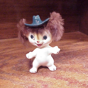 Vintage Ucagco Fuzzy Ceramic Cat with Blue Cowboy Ha Figurine, Made in Japan, Old, Cute