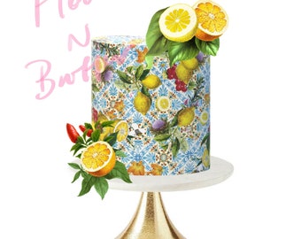 Edible Icing Cake Wrap -  Sicilian Mediterranean Lemon Mediterranean Greek Tile pattern Portuguese Tiles