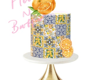 Edible Icing Cake Wrap -  Sicilian Mediterranean Lemon Mediterranean Greek Tile pattern Portuguese Tiles