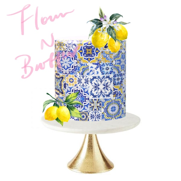 Edible Icing Cake Wrap -  Sicilian Mediterranean Lemon Mediterranean Greek Tile pattern Portuguese Tiles