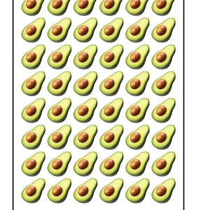 Puede incluir: Una cuadrícula de 36 ilustraciones de aguacates. Cada aguacate está cortado por la mitad, revelando un hueso marrón. Los aguacates son de un verde vibrante con un interior amarillo-verdoso, sobre un fondo blanco.