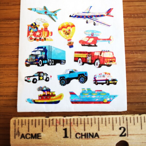 Vintage Sandylion Prismatic Transportation vehicles Stickers - 1 sheet - 3 repeat squares