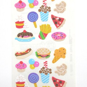 May include: A sheet of colorful food-themed stickers. The stickers feature images of a hot dog, hamburger, ice cream cone, cupcake, popcorn, lollipop, french fries, pizza, donut, and more.