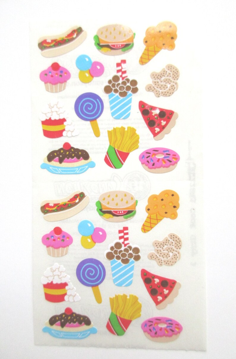 May include: A sheet of colorful food-themed stickers. The stickers feature images of a hot dog, hamburger, ice cream cone, cupcake, popcorn, lollipop, french fries, pizza, donut, and more.