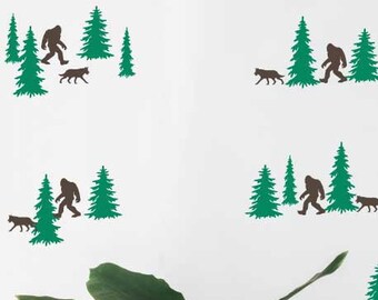 Sasquatch decal, Big foot decal, trees decal, nature decal, wall decal, wolf decal, forest wall decal, nursery decal, baby room decal, decal