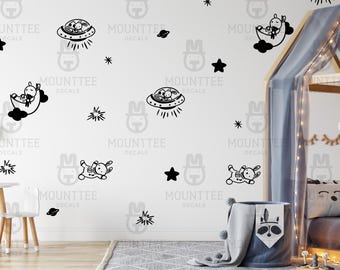 Calcomanías de pared de conejito espacial: OVNI, extraterrestre, conejo - Juego de 22 piezas