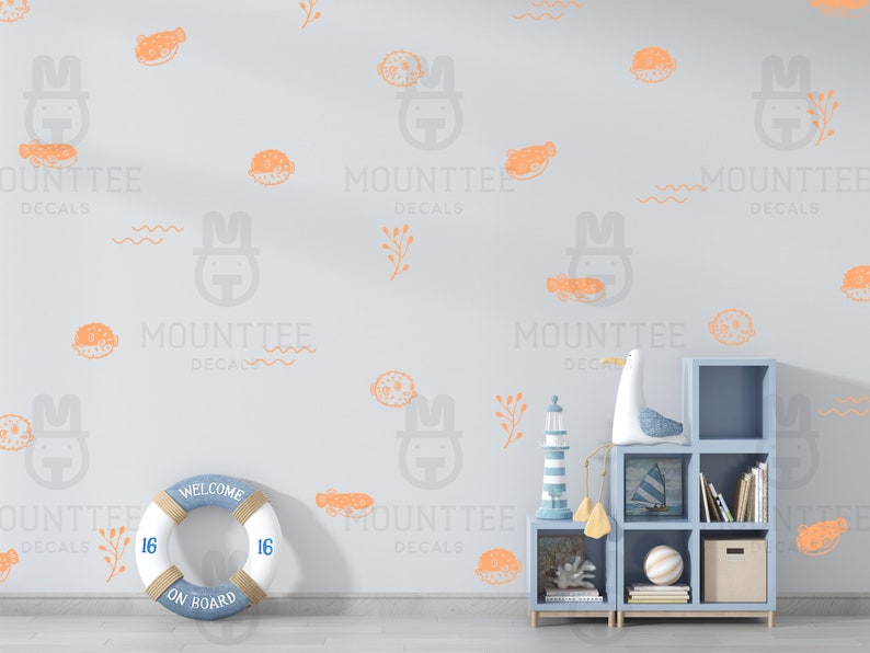 Pufferfish wall decals available on Mounttee's Etsy store.
