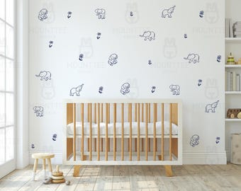 Vinilos decorativos de elefantes con líneas, decoración infantil estilo safari, arte animal minimalista.