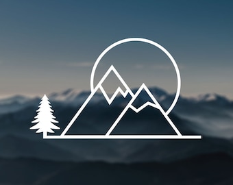 Mountains and sun decal, tree decal, nature decal, wall decal, car decal, window decal, computer decal, laptop decal, macbook decal, gift