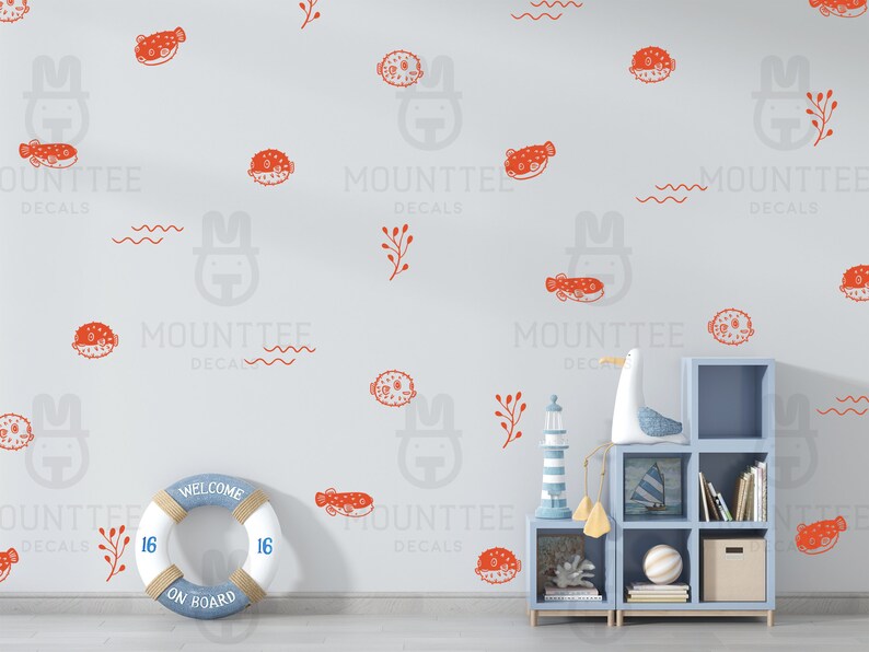 Pufferfish wall decals available on Mounttee's Etsy store.