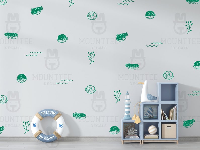 Pufferfish wall decals available on Mounttee's Etsy store.