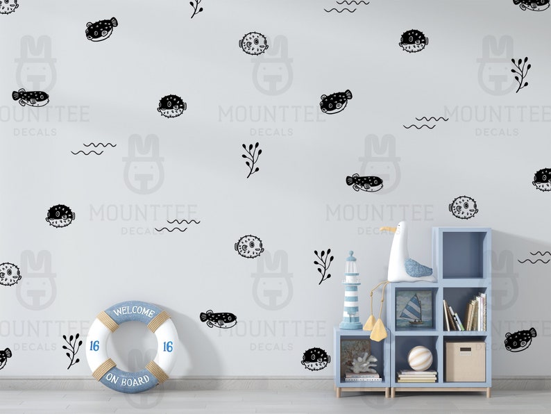 Pufferfish wall decals available on Mounttee's Etsy store.