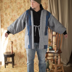 Chaqueta Hanten - Patchwork gris (variaciones de color índigo/gris/verde)