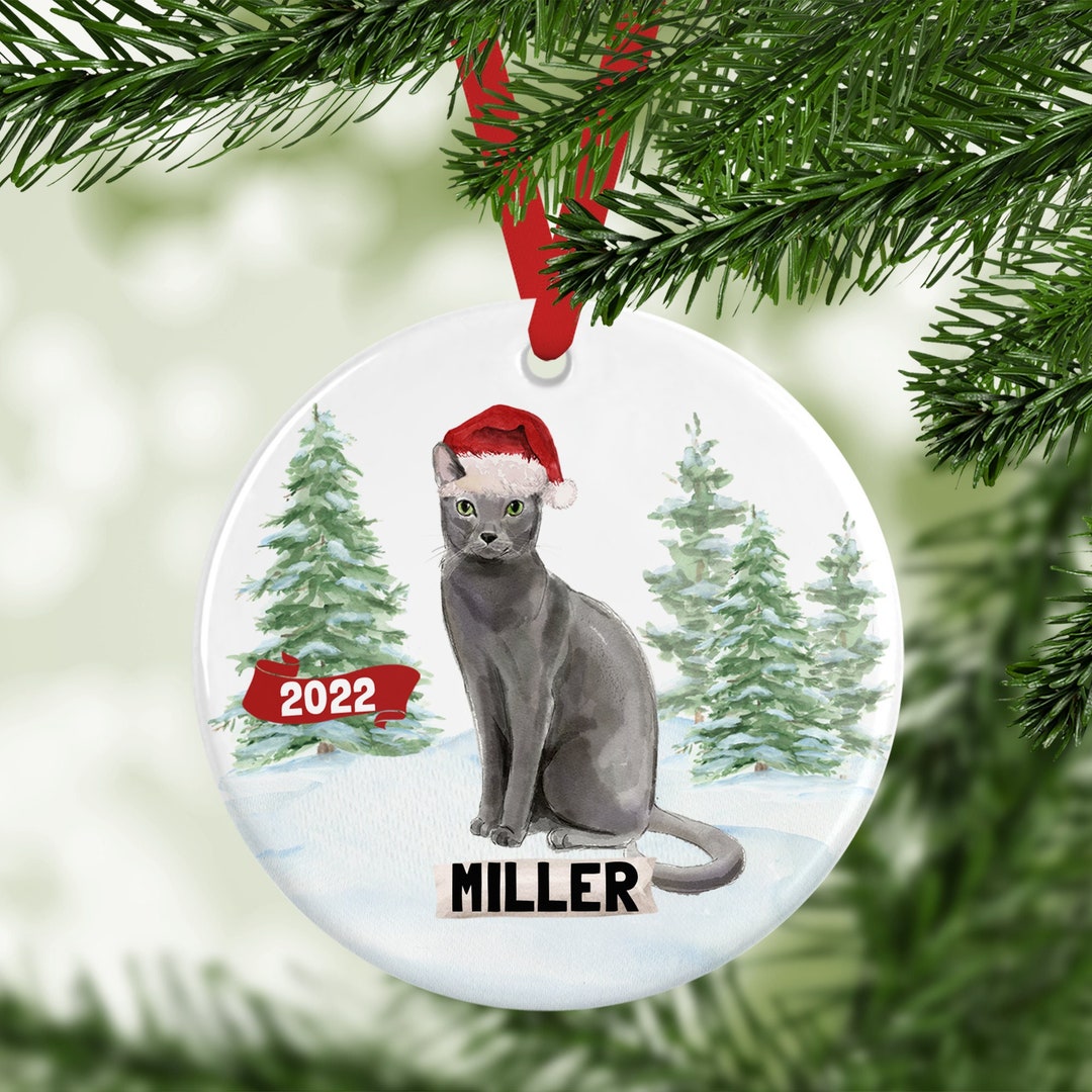 Gray Cat Christmas Ornament Customized With Name Watercolor - Etsy